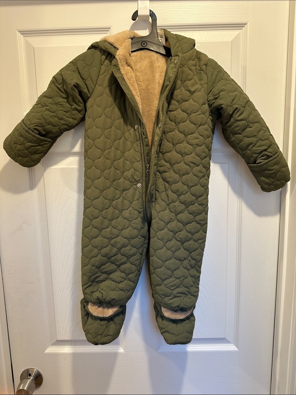 First Impressions Olive Green Quilted Footed One-Piece with Hood